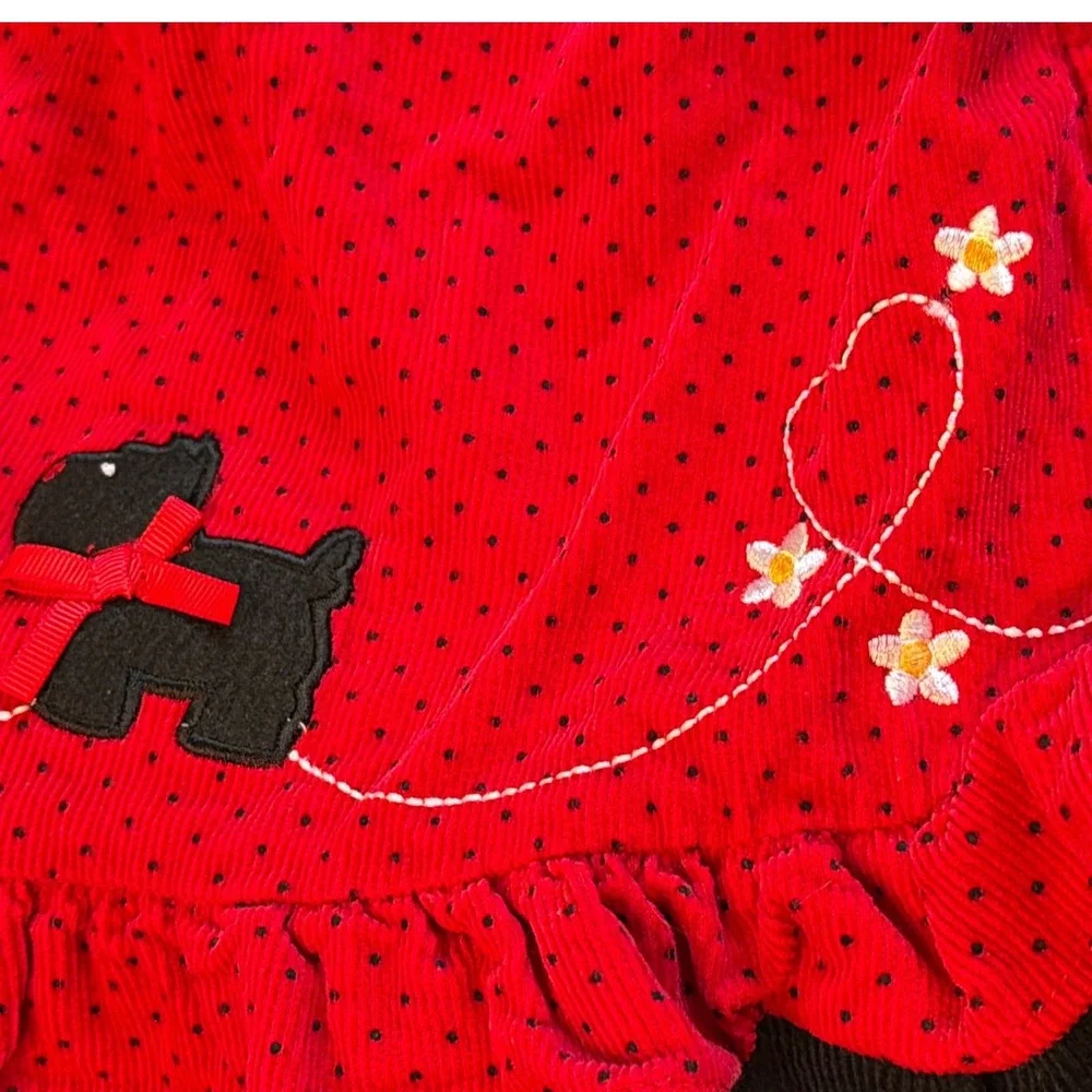 Rare Too! Girls Red Polka Dot Scottie Dog Corduroy Jumper Dress 3T
